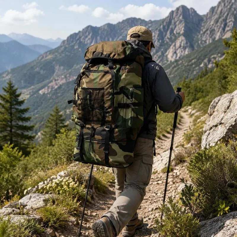 Sac à dos militaire tactique 100 L en polyester 600D, bretelles réglables et ceinture lombaire, multi-poches