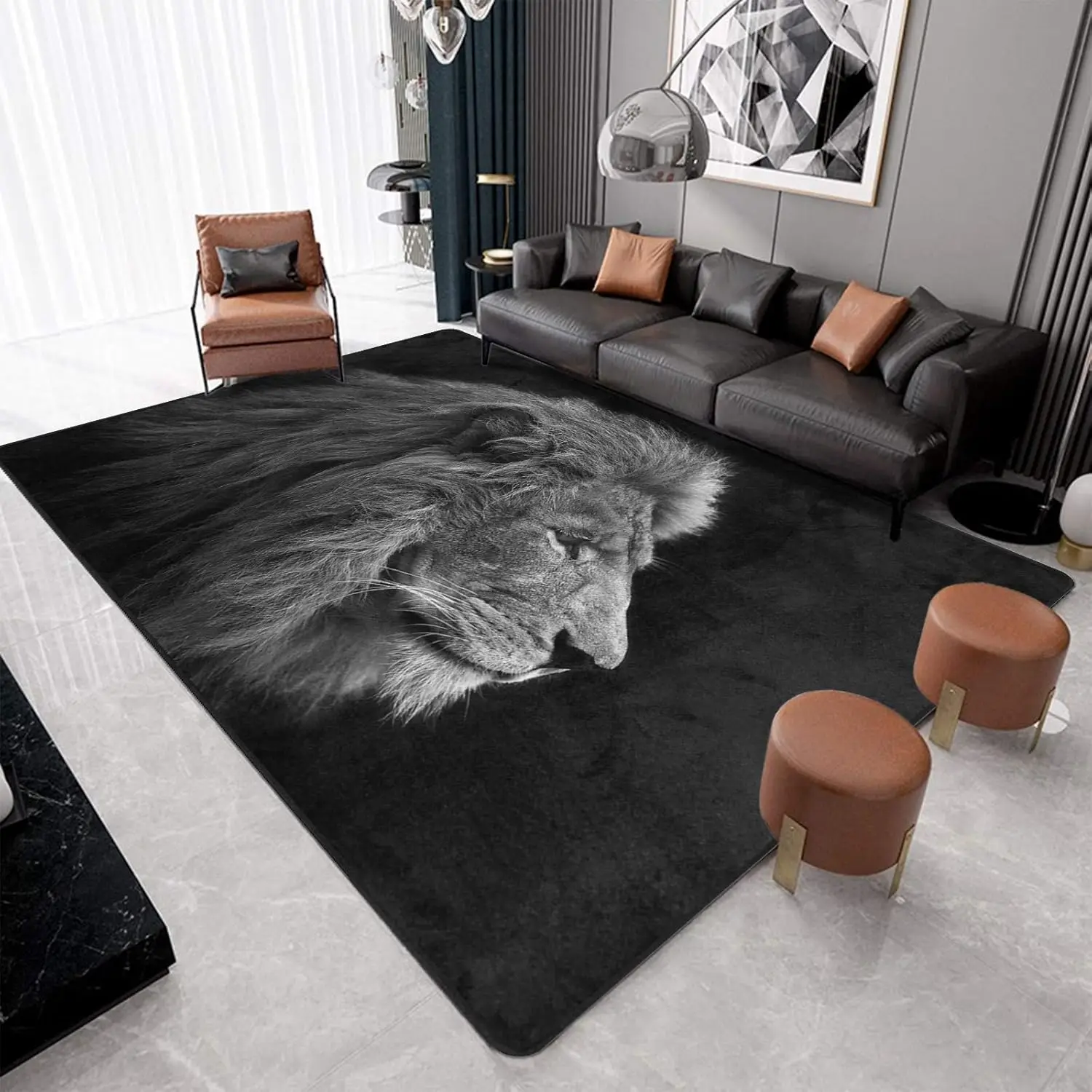 

Lion Head Area Rug 5x7 Feet Non Slip Black Floor Carpet for Living Room Bedroom Home Decor