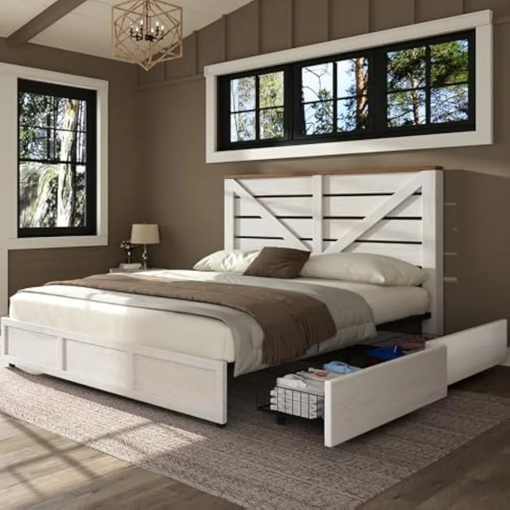 

king size farmhouse style wooden bed frame with 4 drawers, headboard, and metal slat support for heavy duty use