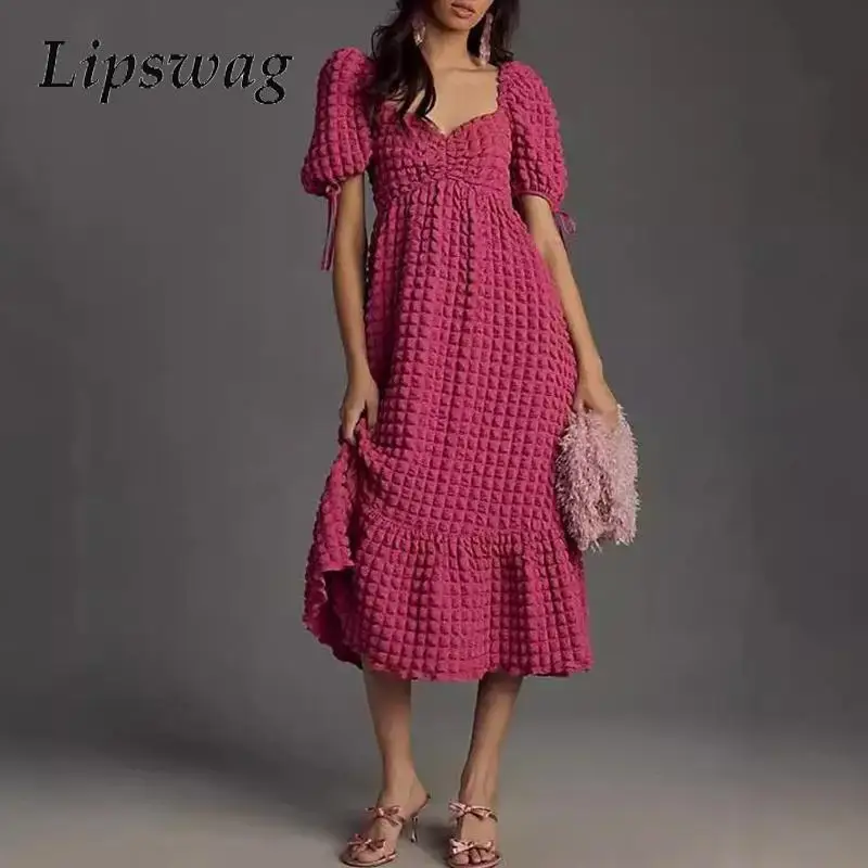 

Chic Short Sleeve Ruffle Loose Party Dress Elegant Waist Pleat Long Dress French 2024 Square Collar Lattice Retro Dress Women