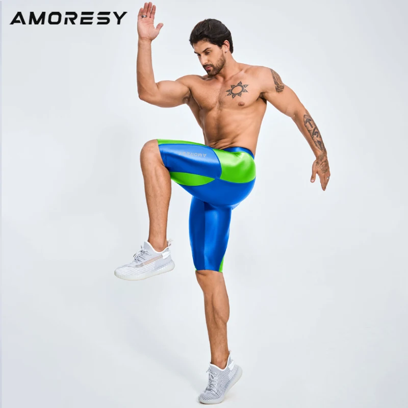 AMORESY Heren Glanzende Glanzende Knielange Sport Casual Panty Zijden Broek Hardlopen Fitness Fietsen Ademend Worstelen Strandshorts