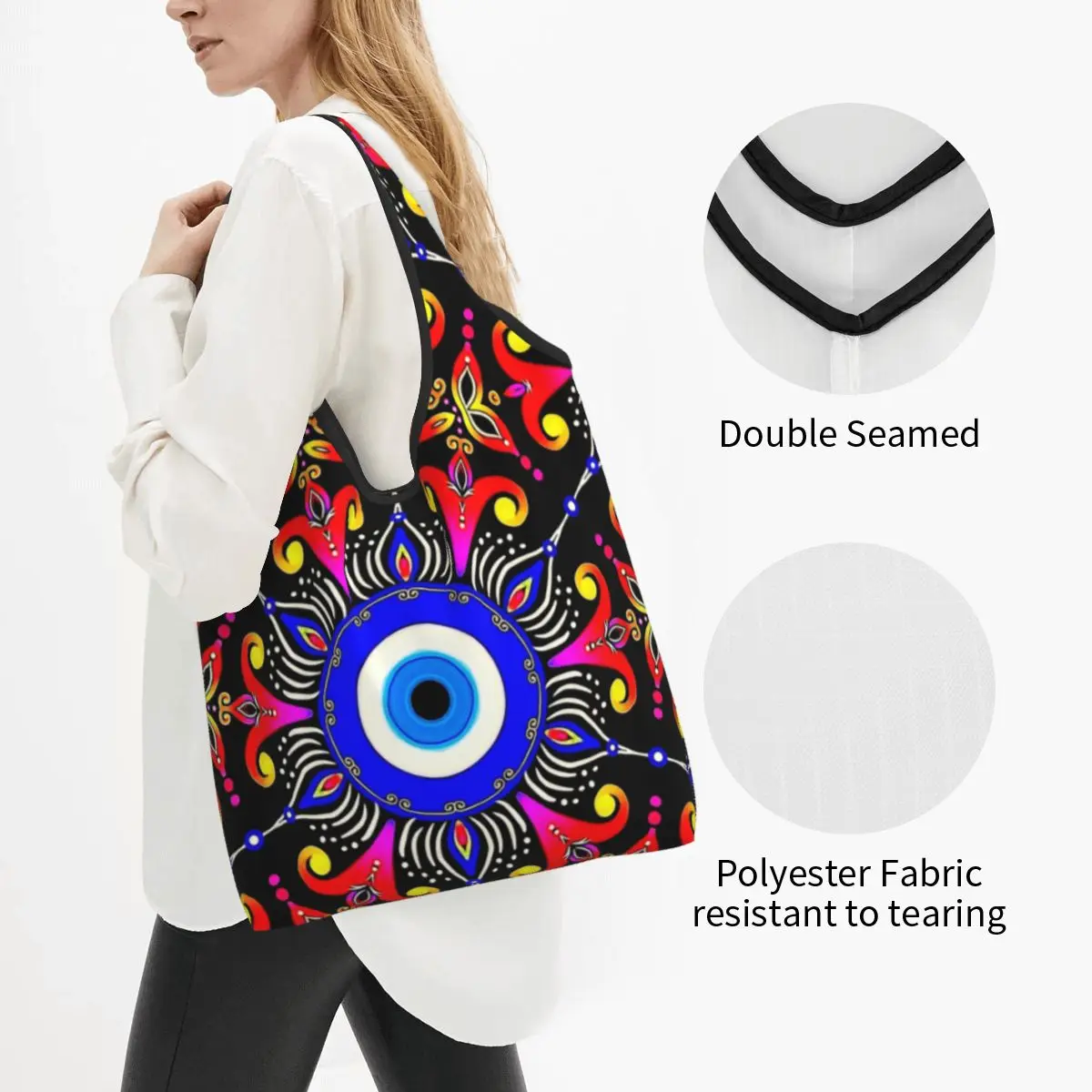 Cute Mediterranean Evil Eye Shopping Tote Bags Portable Turkish Amulet Culture Grocery Shoulder Shopper Bag