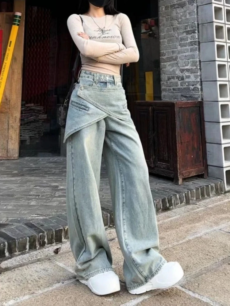 Women's High Waist Baggy Jeans Vintage Streetwear Detachable Corset Belt Wide Leg Denim Pants Layering