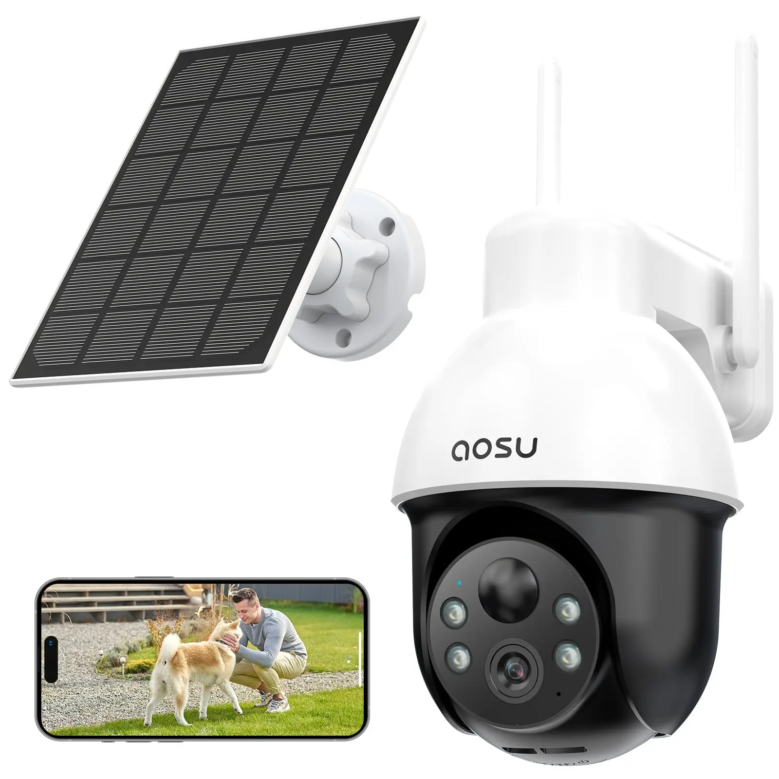 AOSU Solar Security Camera Wireless Outdoor System, 3K/5MP Battery Powered WiFi Camera for Home Security, Panoramic PTZ, Auto Tr