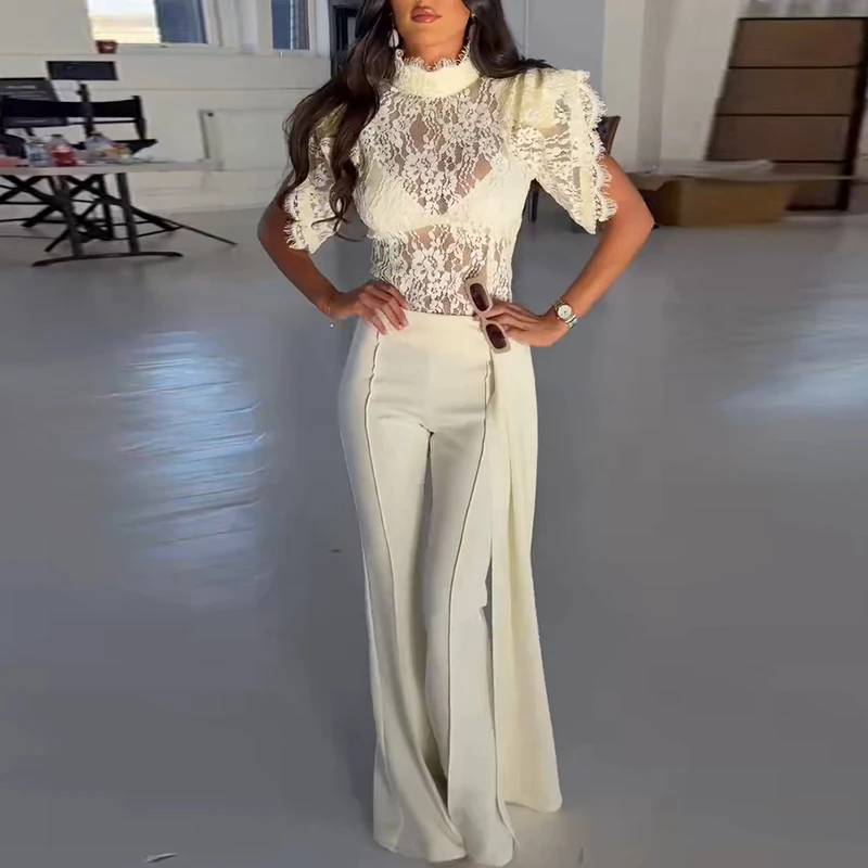 Lace Perspective Slim Women Party Outfit New Temperament Half High Collar Top and Pants Elegant Suit Office Casual Straight Set