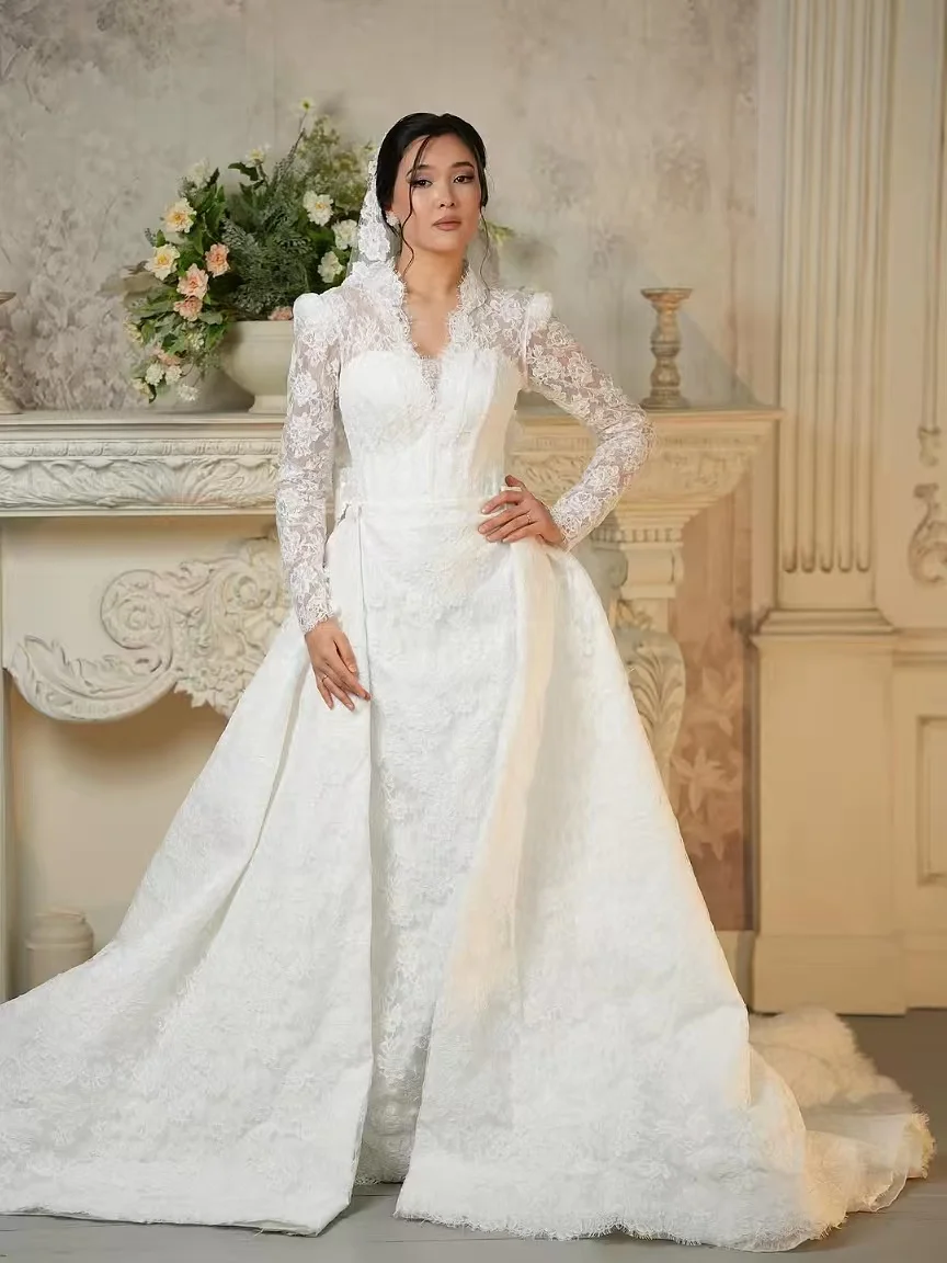 

Detachable Train Wedding Dress Organza With Embroidery Mermaid Ball Gown Full Sleeve V-Neck Bride Vestido De Novia Customized