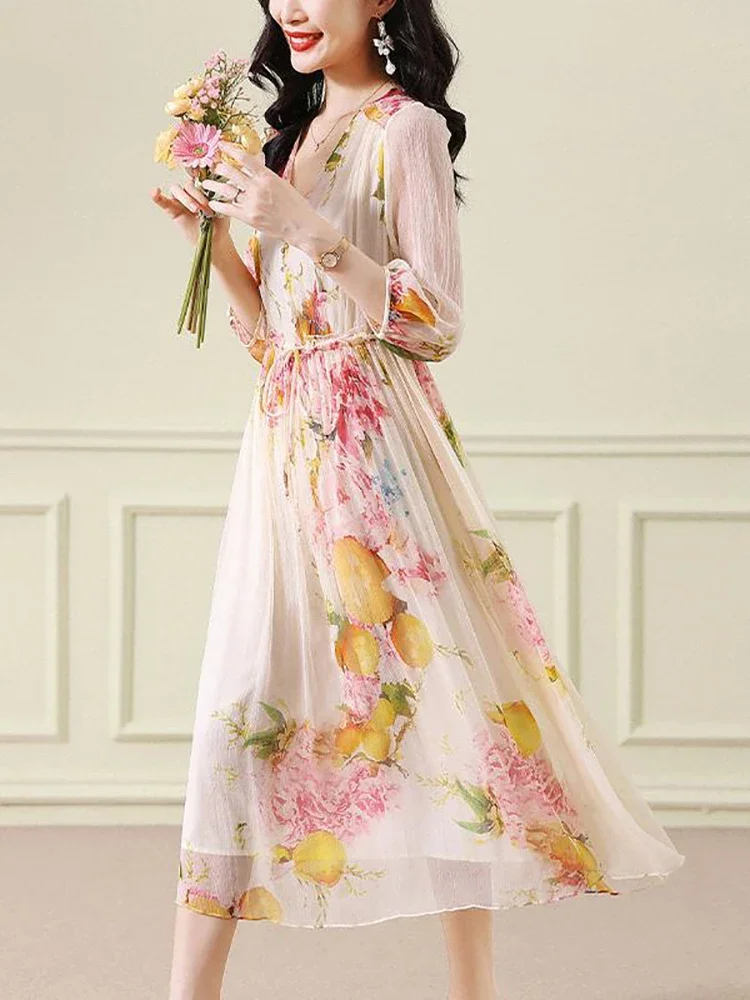 2024 New Summer Floral Silk V-Neck Bandage Long Dress Women Elegant Casual Beach Dress Korean Fashion Chic Holiday Evening Dress