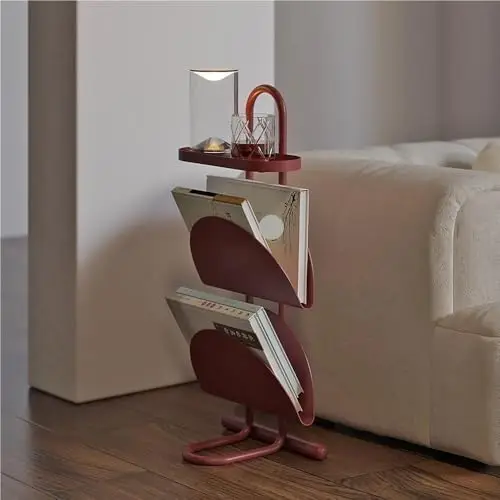 Metal 3-Layer Side Table, Semicircular Magazine Rack, Open Storage End Table for Living Room, Bedroom & Study(Red)