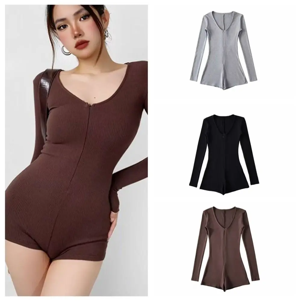 

Sweet Bodycon Y2K Тонкий боди на молнии с v-образным вырезом и длинными рукавами Комбинезон Бесшовная одежда для йоги Комбинезон Шорты Женские летние