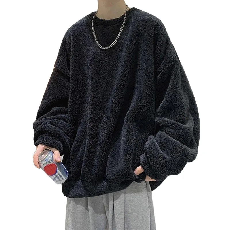 New Flannel Plush Youth Men Sweatshirt Autumn Winter Clothes O Neck Japanese Style Fashion Thicken Daily Warm Pullover Coat