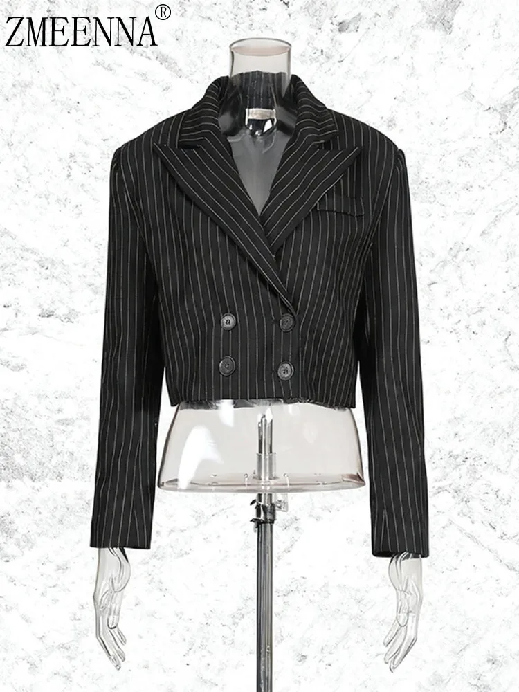 

ZMEENNA женский пиджак в тонкую полоску, двубортное пальто с лацканами, короткая офисная верхняя одежда с длинными рукавами, черный ZM4348