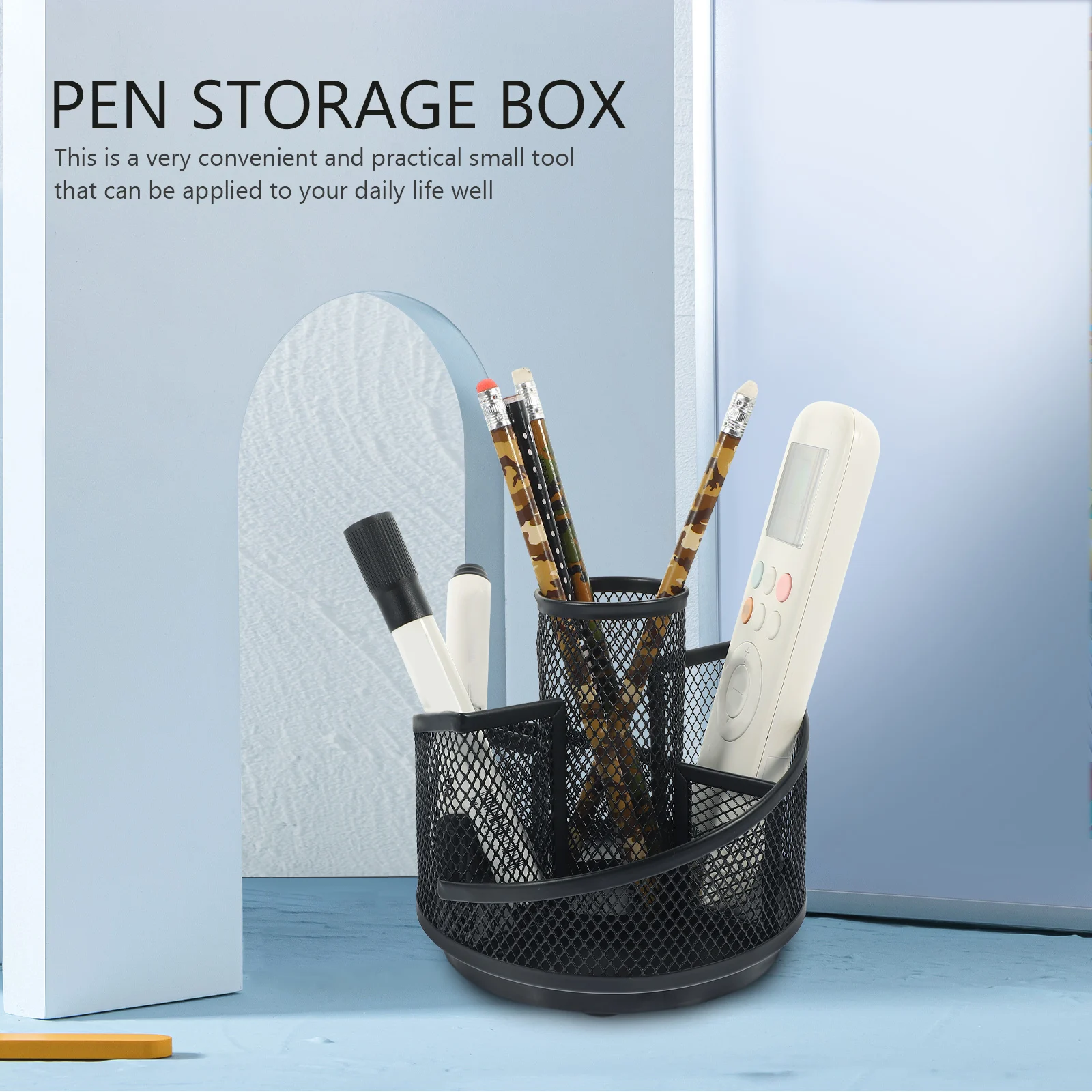 

Round Rotating Pen Holder Desk Organizer Wear Resistant Iron Bracket Tabletop Black Office Stationery Storage Case Pencil