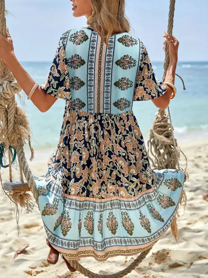 Abito estivo Boho 2025 Mini abito floreale con scollo a V da donna con maniche a sbuffo e spacco laterale Abito da cerimonia nuziale fluido da spiaggia Nuovo estivo