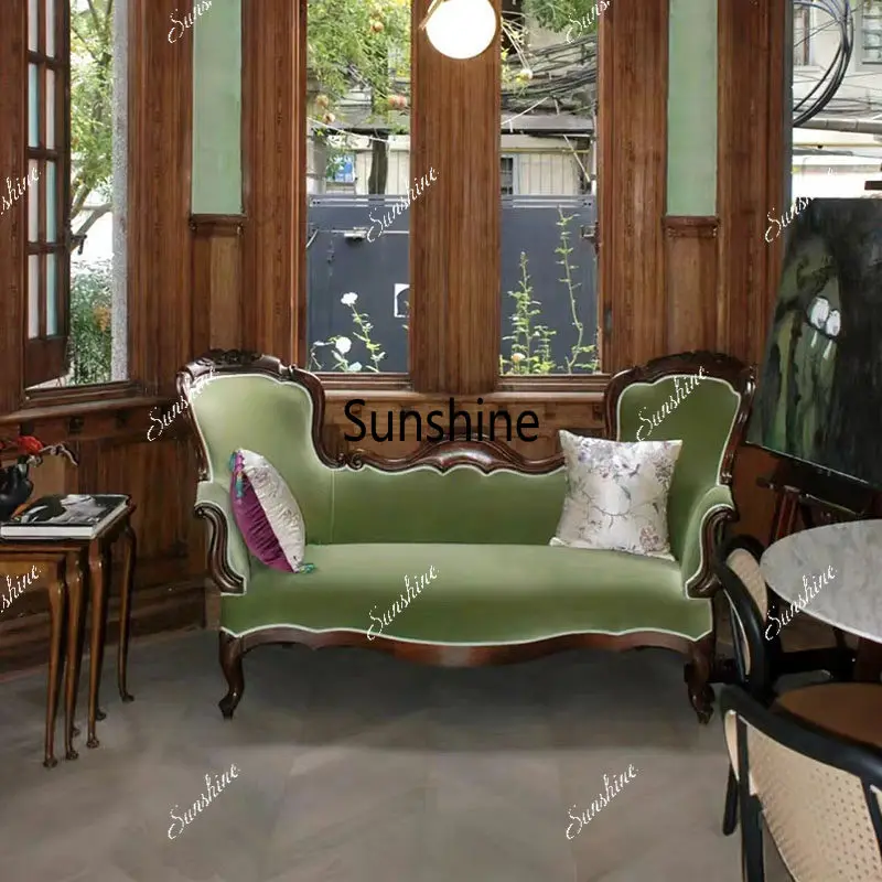 French retro solid wood carving flower sofa living room balcony fabric leisure