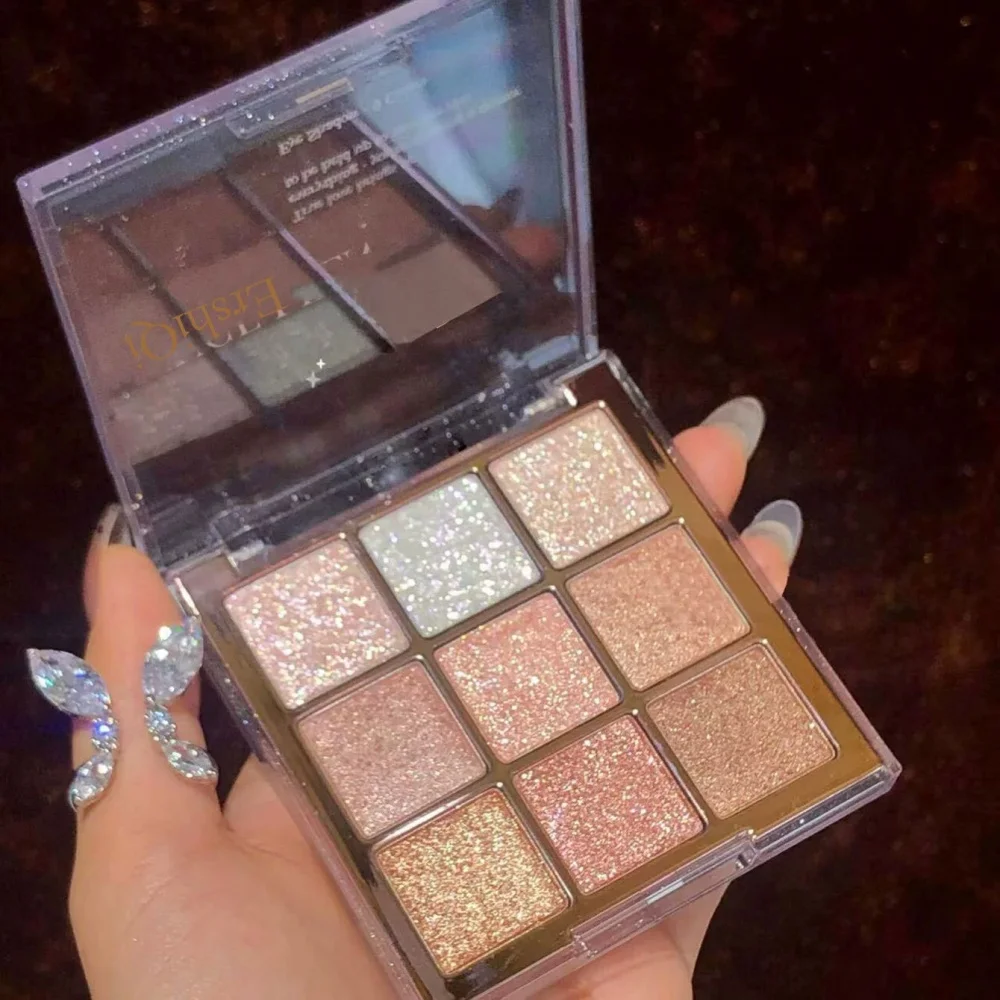9-color glitter eye shadow palette rose and pink metallic surface matt and shiny effect easy to mix pink golden brown