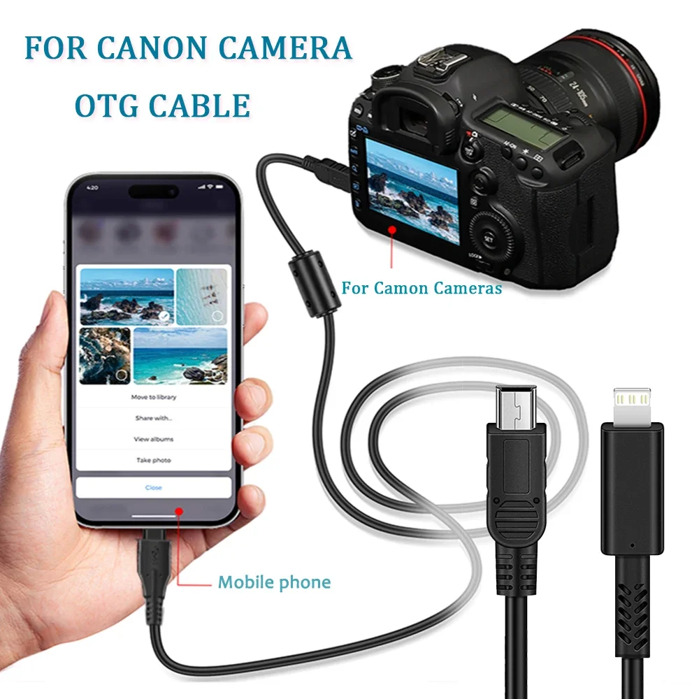 OTG Cable Lightning to MINI 5PIN for iOS 14/13/12/11/7/6/5 Phones Data Sync & File Export for Canon Cameras Support