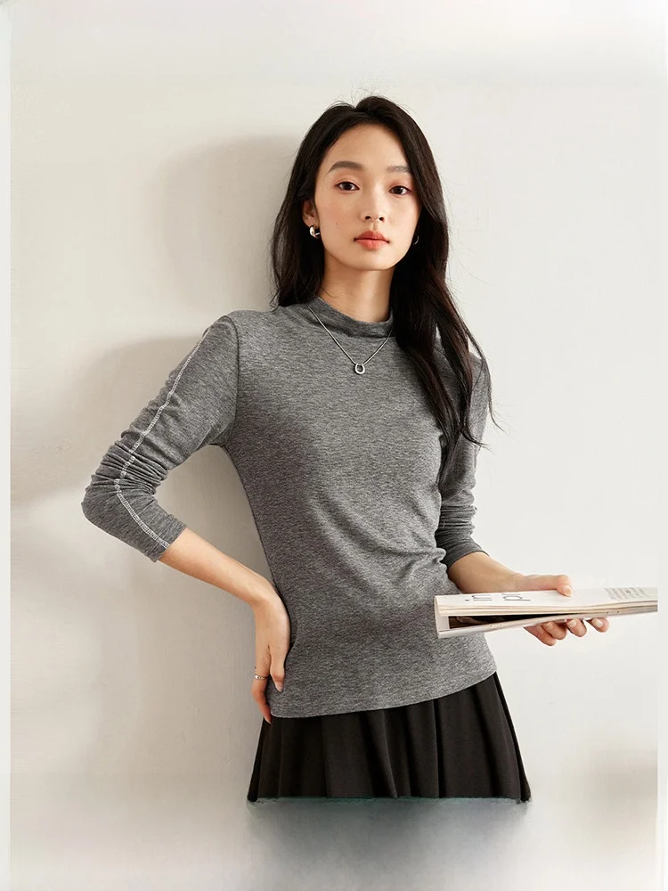 

Fashionable Rセll Pure Color Half High Neck Knitted Base Shirt Women's Spring 2026 New All-Match Regular Sleeve Long T-Shirt