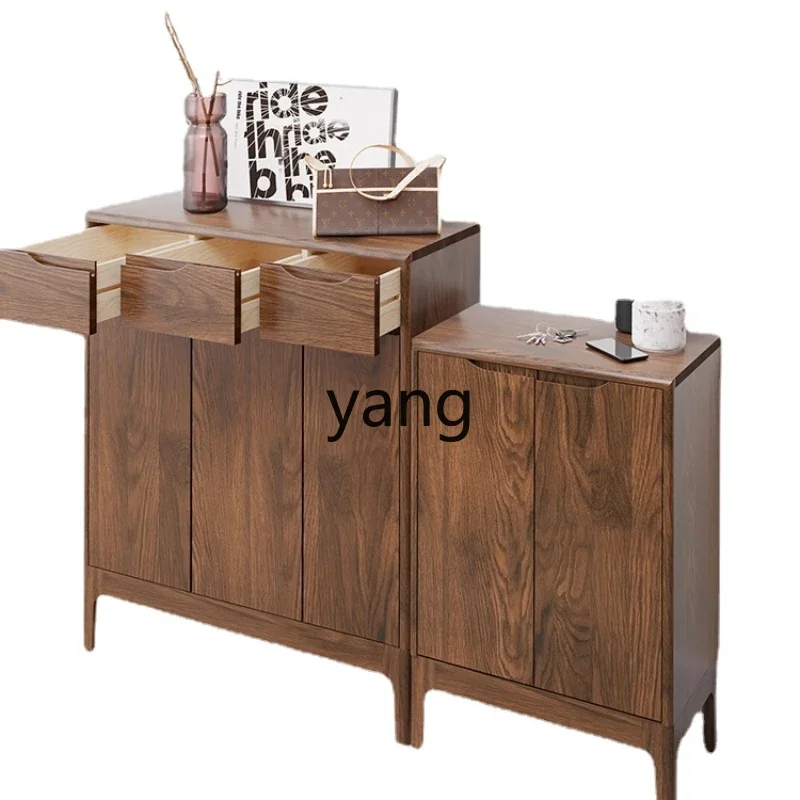 

Yhl Solid Wood Shoe Cabinet 3-Door Small Apartment Balcony Locker Modern Minimalist Walnut Color Passageway Entrance