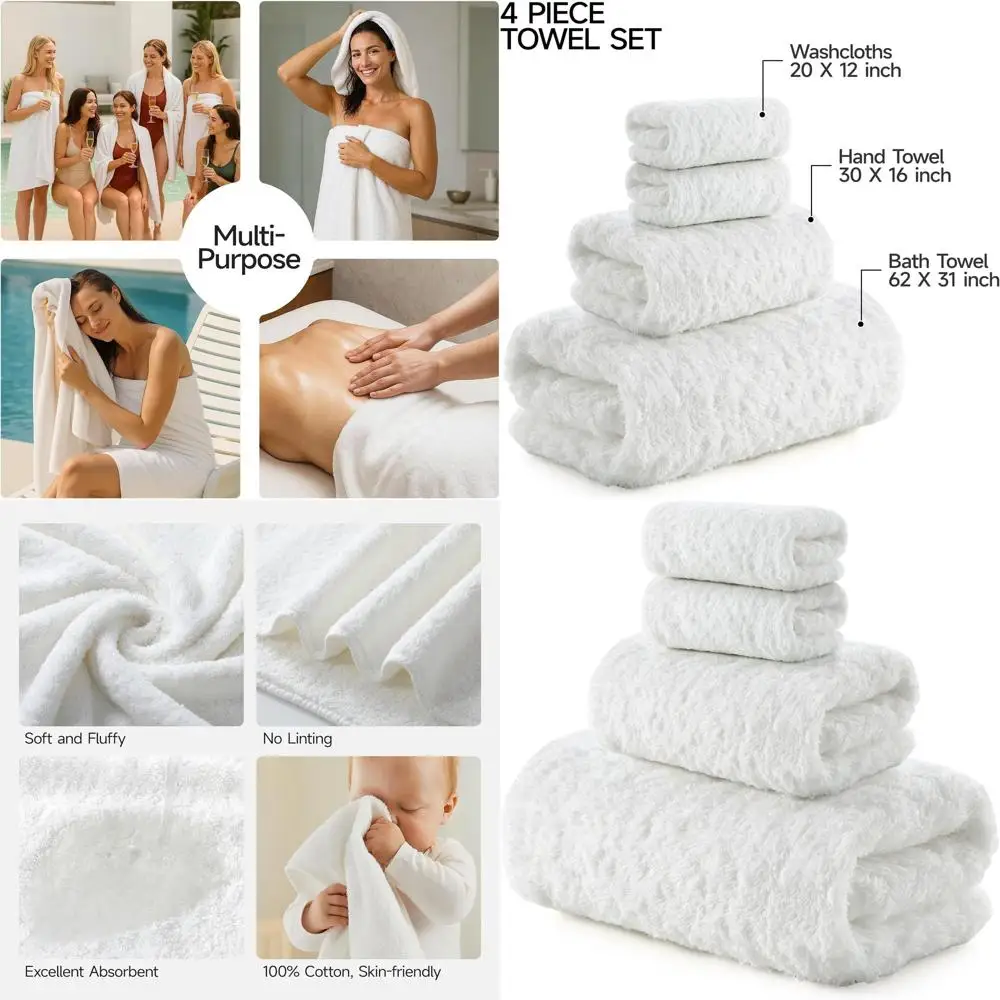 

Роскошный набор хлопковых банных полотенец 900GSM — 4 предмета, супервпитывающие, быстросохнущие, не выпадают, идеально подходят для дома и спа, белые