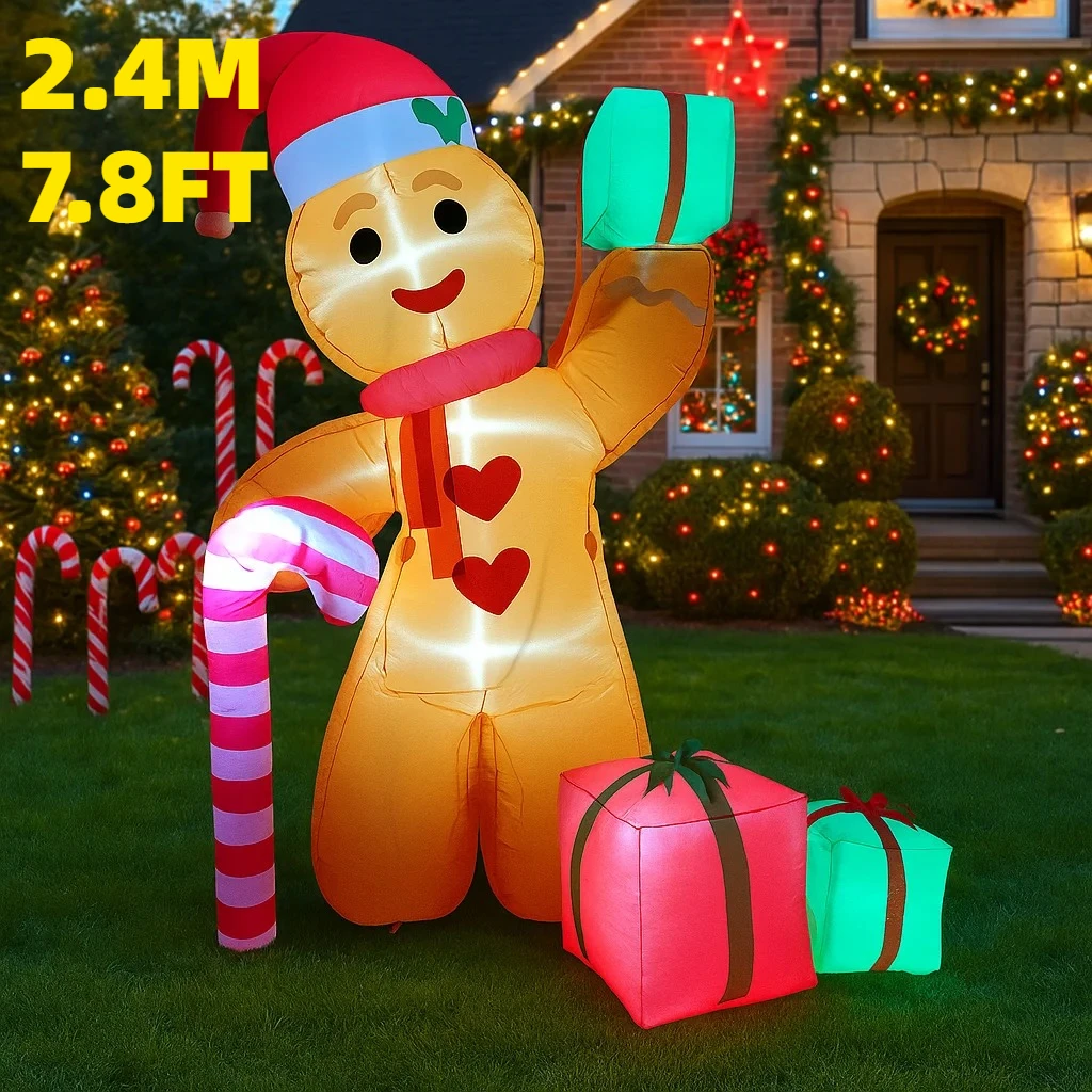 

2.4M/7.8FT Inflatable Gingerbread Man Candy Cane with Gift Lights LED Home Decorations Toys Yard Xmas Holiday Decor Supplies