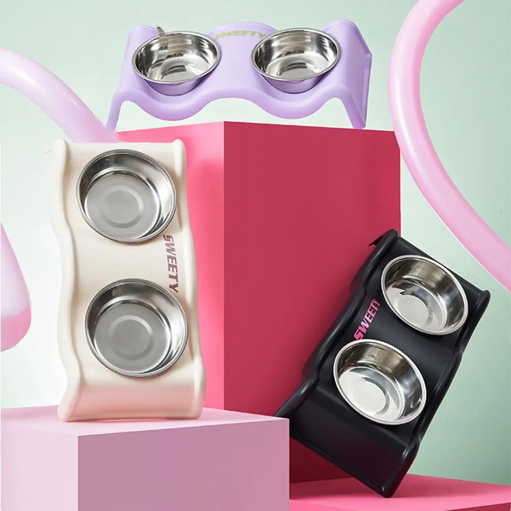 

Creative Double Pet Bowl Wave Shape Stainless Steel Pet Drinking Bowll Double Dish Durable Cat Food Container