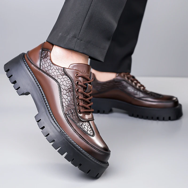 

Осенне-зимняя популярная новая мужская деловая кожаная обувь на толстой подошве, модная брендовая мужская рабочая обувь на шнуровке с резным круглым носком