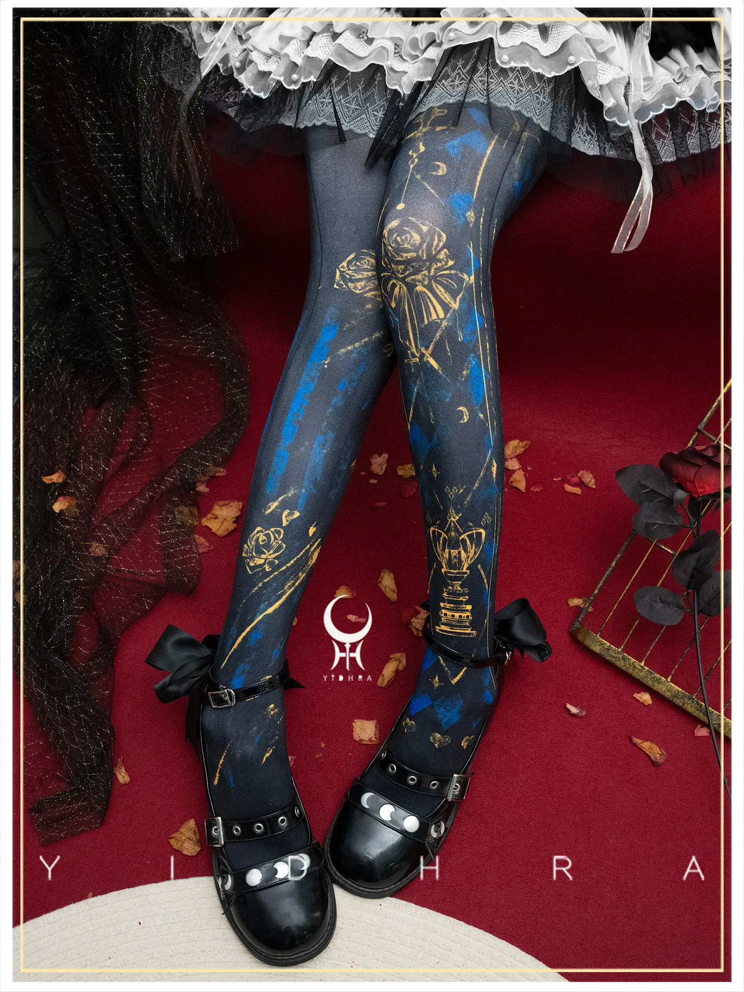 Gothic Lolita Printed Pantyhose Women Chess Rose Card Pattern Tights Japanese Dark Style Cosplay Full Length Hosiery Stockings