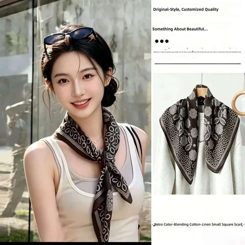 2026 Niche retro cotton linen silk scarves classic pattern small square high end temperament decorative clothing matching