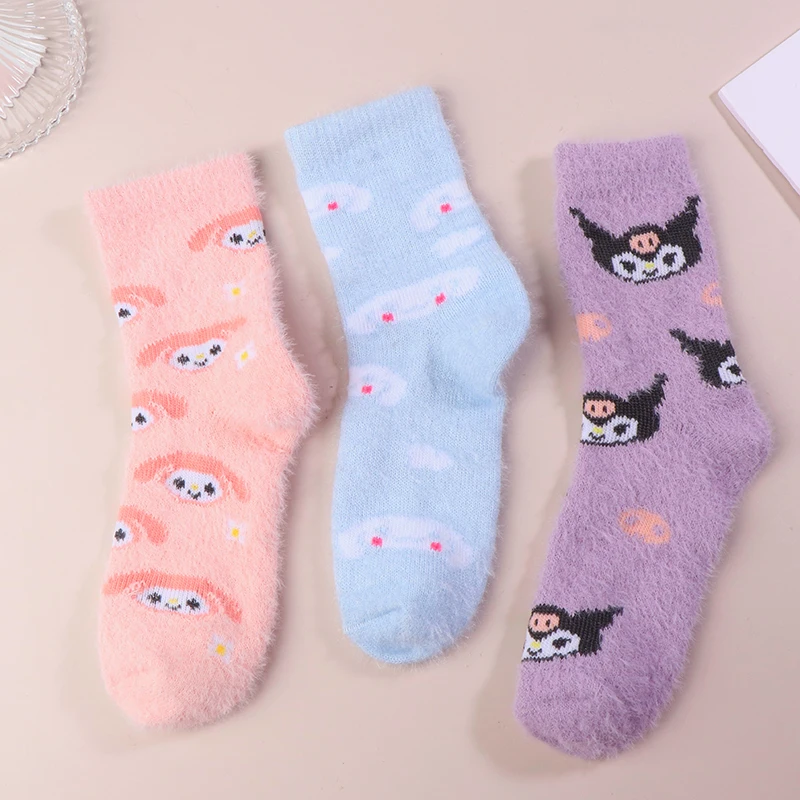 1Pair Sanrio Cinnamoroll Plush Socks Kuromi My Melody Children's Girls Middle Tube Socks Calf Sock Student Socks