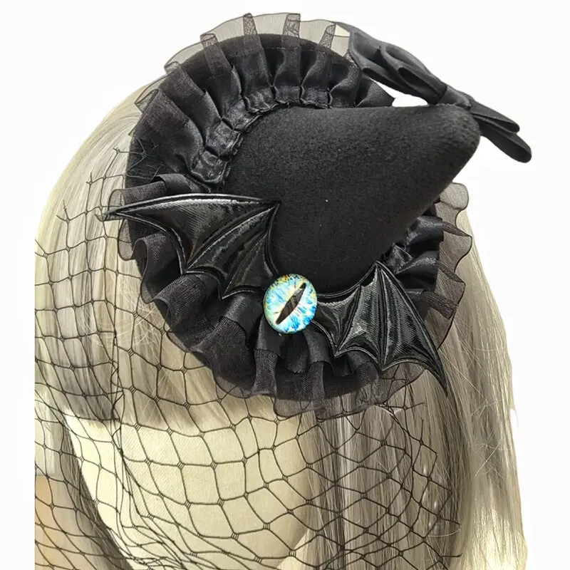 Gothic dark-themed queen bat demon with eye roses  small hat performance party accessory view 2