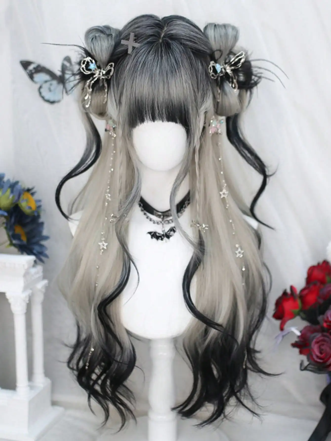 OLA Lange Körperwelle Schwarz Und Grau Ombre Cosplay Perücken Hitzebeständige Synthetische Perücken Pony Natürliche Lolita Perücken Für Frauen Halloween