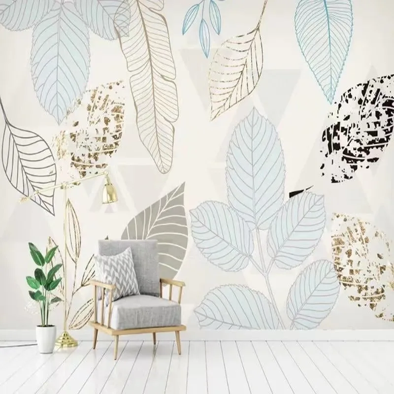 Customized leaf wallpaper modern minimalist hand drawn leaf abstract retro Nordic living room bedroom decoration painting