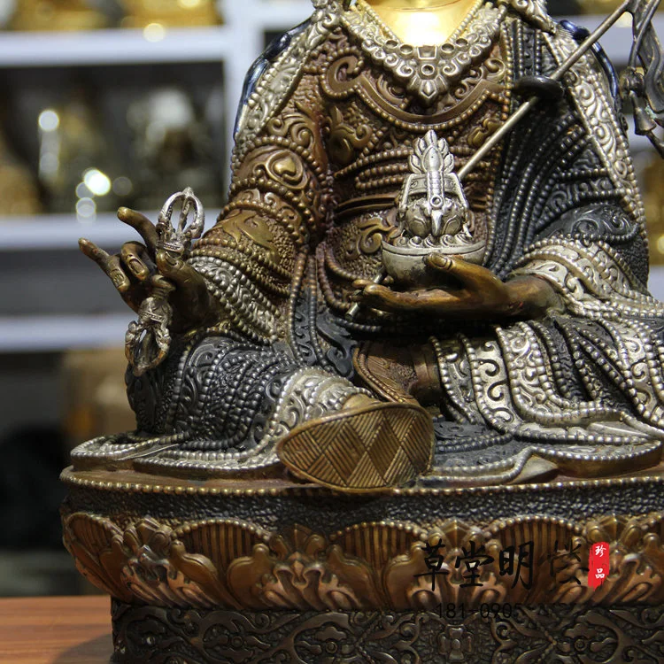 46 سم ضخمة كبيرة #   الجملة تماثيل بوذا معبد المنزل الفضة تصفيح الهند التبت بادماسامبهافا جورو رينبوتشي بوذا النحاس الفن
