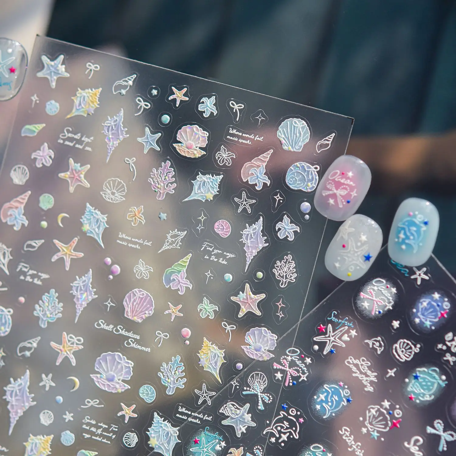 Ocean Letter 5D Nail Decals Gradient Laser Conch Shell Coral Starfish Half Moon Summer Beach Nail Art Stickers Shiny Manicure