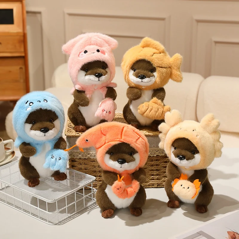 Fluffy Otter Stuffed Toy Removable Marine Animal Hat Octopus Crab Shrimp Lobster Fish Plush Doll Huggable Plushies Birthday Gift