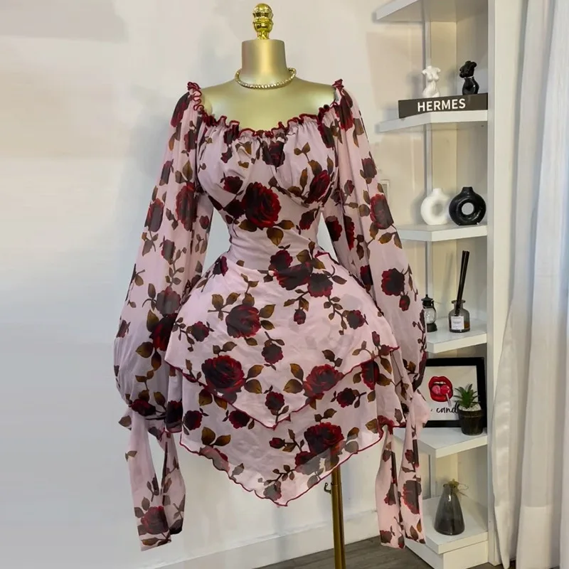 

Sweet and fresh printed lantern sleeves, long sleeves, high waist A-shaped dress, short skirt, fashionable, simple and versatile