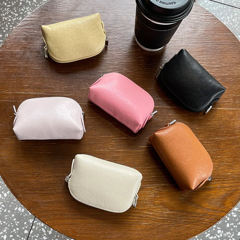 

Leather Coin Purse Women's Cowhide Zipper Large Capacity Holding Short Lipstick Headphone Storage Pouch