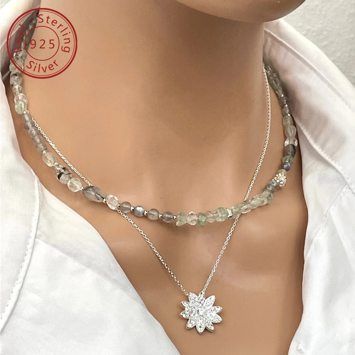 925 silver full  inlay daisy necklace and natural hair crystal moonstone beaded necklace, niche design style, retro senior