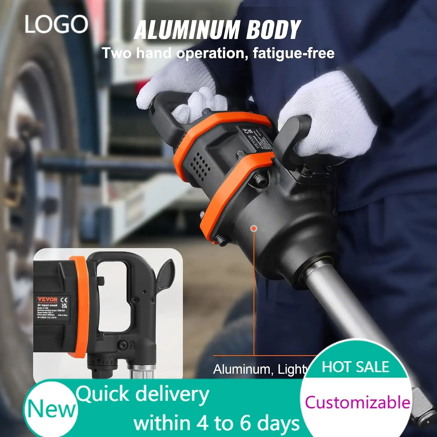 1 Inch Air Impact Wrench Up to 3160 ft-lbs High Reverse Torque Output Pneumatic Impact Gun with 8 Inch Extended Anvil