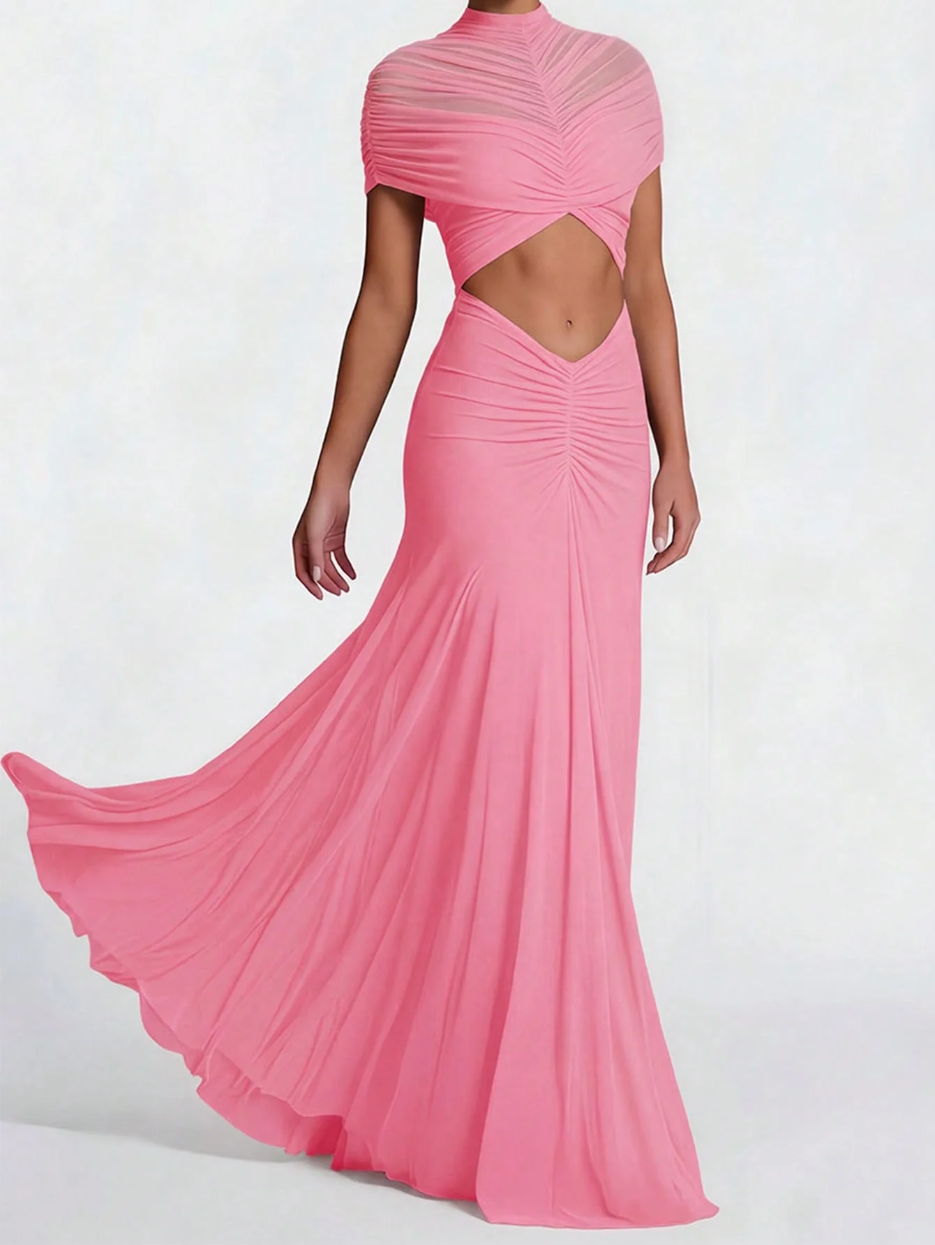 Damen Mode Maxi Langes Bodycon-Kleid Sommer Mesh Durchsichtiges Cut-Out-Kleid Elegantes Rosa Cocktail-Abendkleid Sexy Partykleid