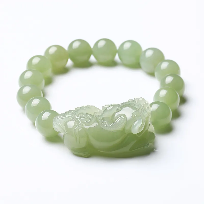 Fine Jewelry Natural Hetian Nephrite Jade Qingyu Lake Green Round Bead Pixiu Jade Bracelet for Men and Women