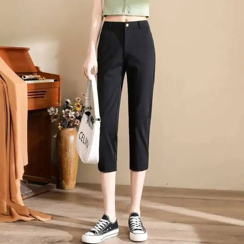Korean Fashion Women's Capris Summer Slim Fit Short Pants Thin Professional Side Slit Calf-Length Pants Casual Office Lady Pants