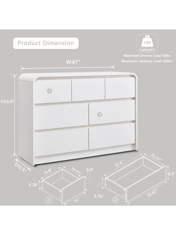 Modern 7 Drawer Dresser for Bedroom, 47” Wide Solid Wood Dresser and Chest of Drawers with Curved Profile Design