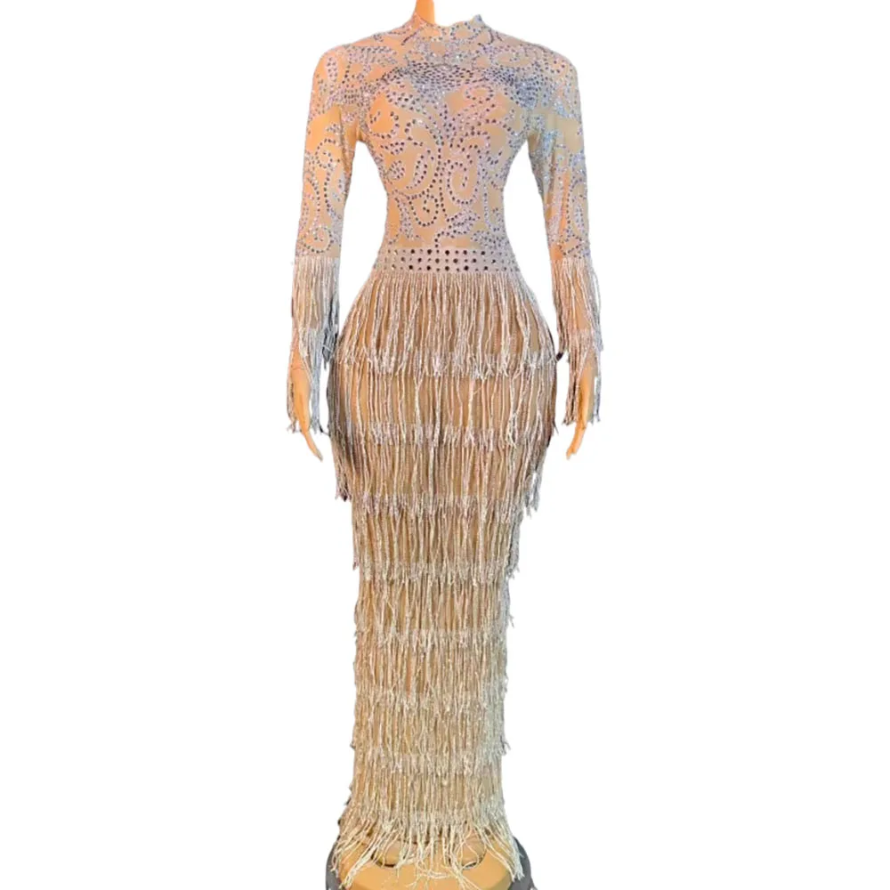 Cake European and American Party Female Singer Water Diamond Elastic Mesh Wrapped Hip Fringe Long Dress Stage Performance Dress