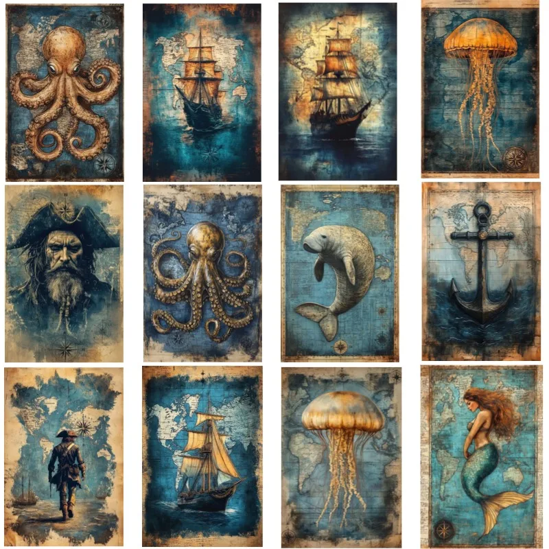 Retro Vintage Nautical Wall Art Canvas Painting, Old Blurred Antique Sea Treasure Map Poster Prints for Living Room Home Decor