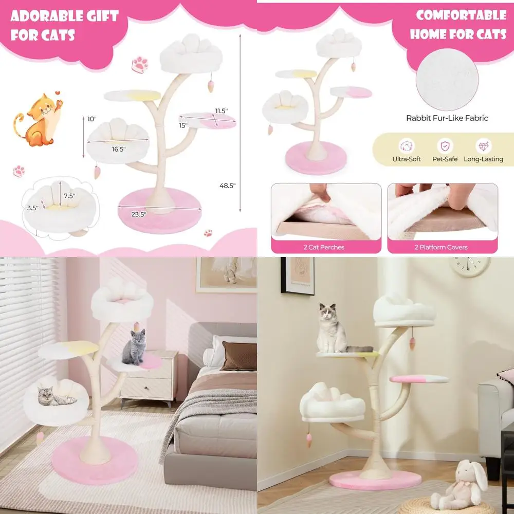 

Многоуровневая лежанка-башня для кошек 48,5 дюймов с сизалевыми столбиками для царапания, мягкими подушками-лежанками, платформами и шариками в форме мороженого