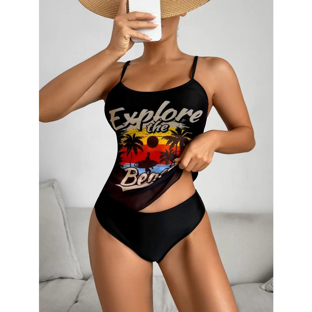 الصيف ملابس السباحة للنساء Tankini مجموعات ملابس السباحة خمر مبطن شبكة ثوب السباحة طباعة بحر الإناث ملابس سباحة حريمي 2025