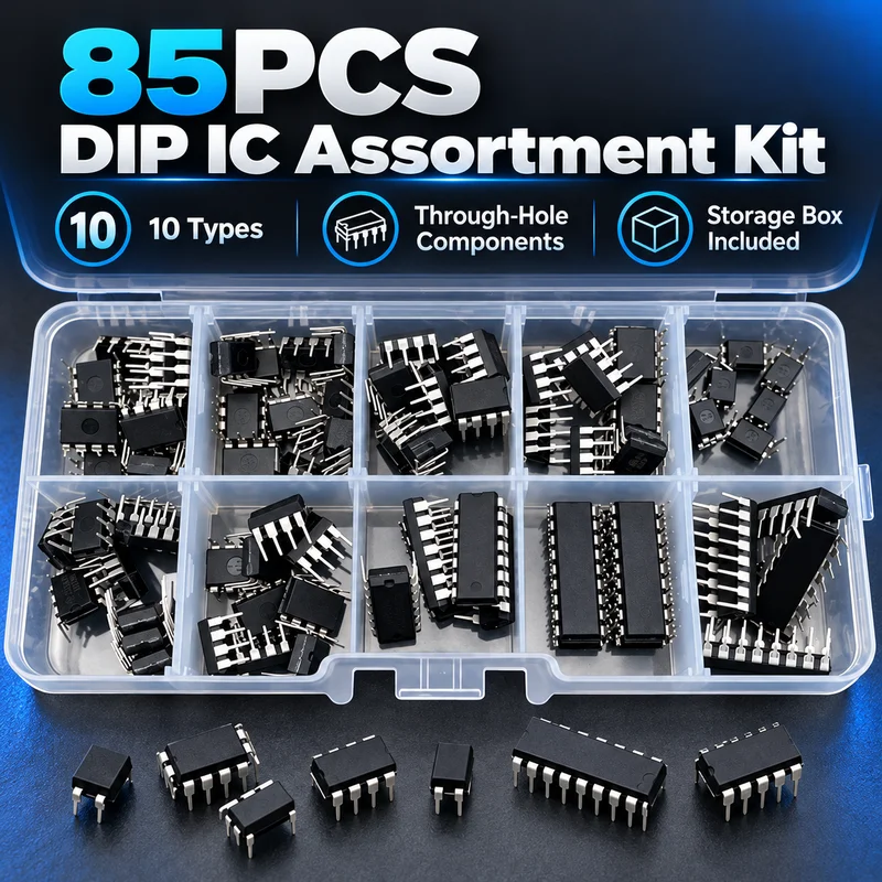 85PCS DIP IC Assortment Kit NE555 LM324 LM393 UA741 ULN2803 LM358 LM386 NE5532 ULN2003 PC87 10 Types with Storage Box
