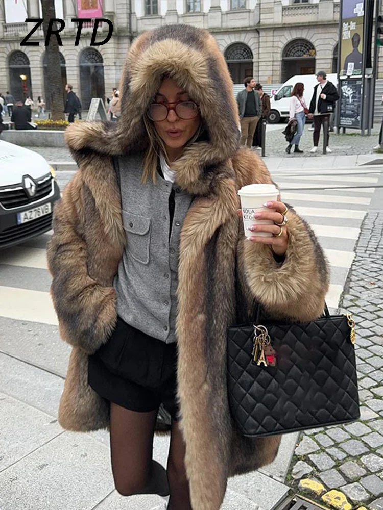 Luxury Women\'s Fluffy Hooded Faux Fur Coat Loose Long Sleeve Female Plush Overcoat 2024 Winter Lady Vintage Thicken Warm Outwear