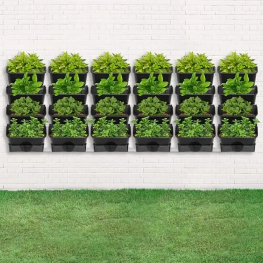 Wall-Mounted Vertical Planter With 24 Pockets, Black Pp Material, Auto Drip Irrigation, 154Lbs Max Load, Splicable Buckle, Drai